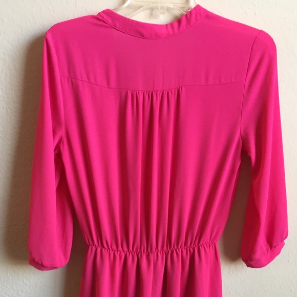 Fuchsia Pink Long Sleeved Dress Cinched Waist - Picture 5 of 6